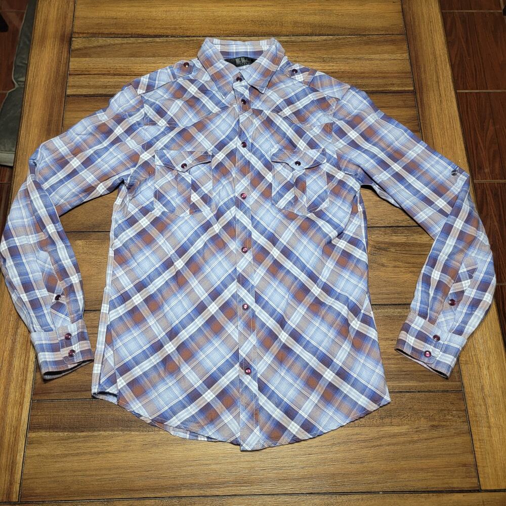 MG Black Label LS Blue Plaid Pearl Snap Western Shirt - Size Medium